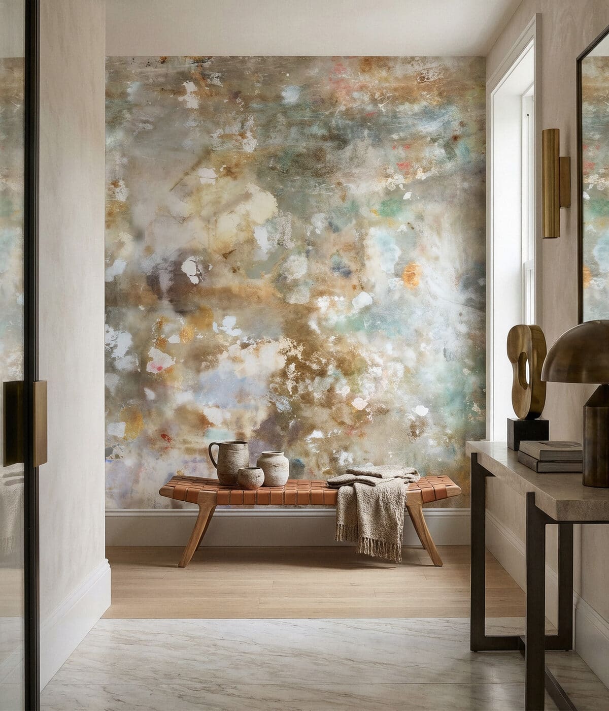 Distressed decorative wallpaper in a finished interior