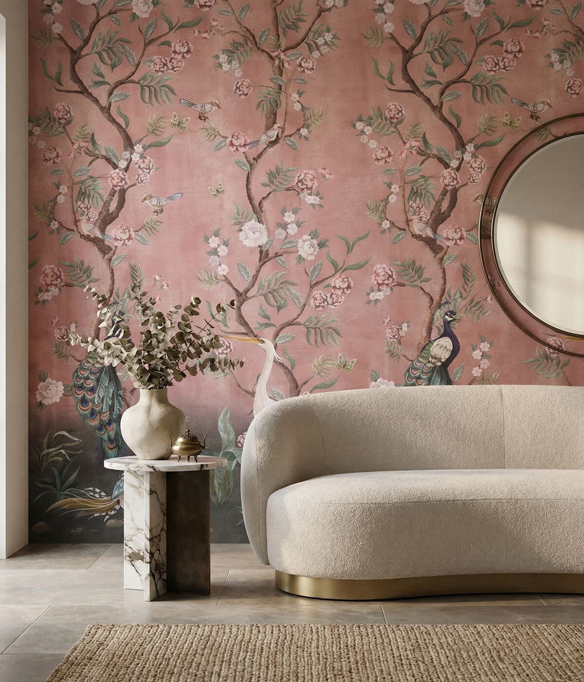 Feature mural wallpaper in a curated room