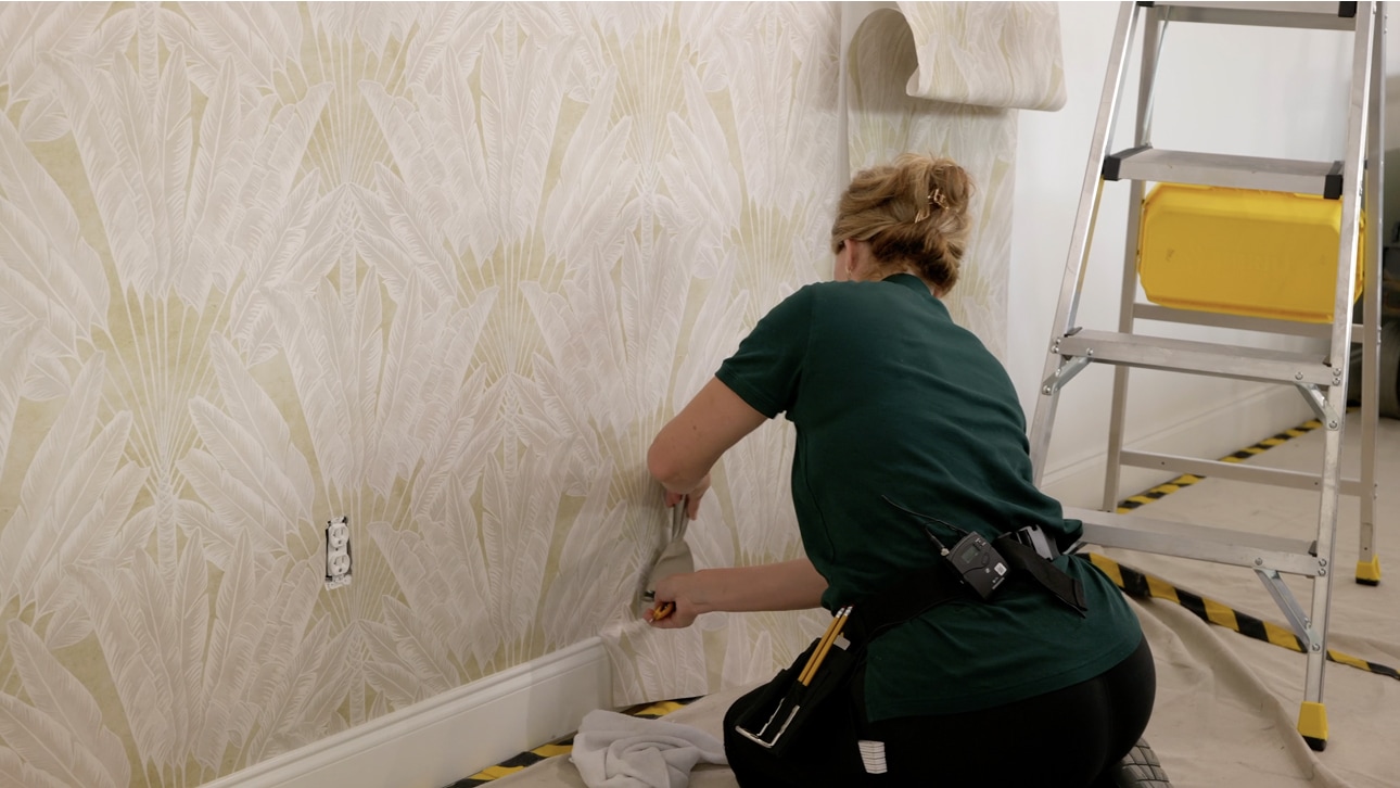 Wallpaper installation care detail in a finished space